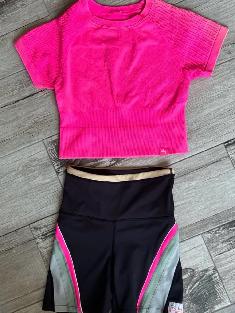 P.E Nation Black Bike Shorts with Pink and Grey Stripes XS coordinating crop XS